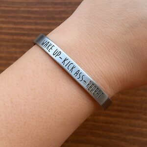 Motivational Cuff Bracelet – “Wake Up • Kick Ass • Repeat” – Adjustable Bracelet